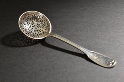 null Silver sprinkling spoon model net engraved with wedding ring arms surmounted...