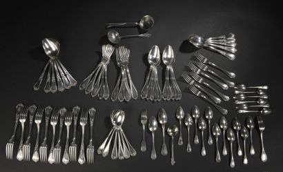 null Silver set including:
- Nine large flatware and a spoon with wrapped fillets,...