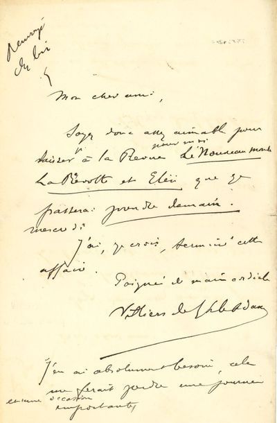 null *Auguste de VILLIERS DE L’ISLE-ADAM (1838-1889). L.A.S., à un ami ; 1 page in-8.

...