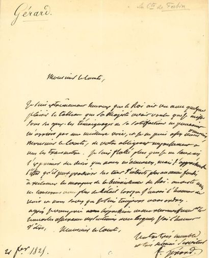 null *François GÉRARD. 2 L.A.S., 1825 et s.d. ; 1 page in-4 chaque.

 21 février...