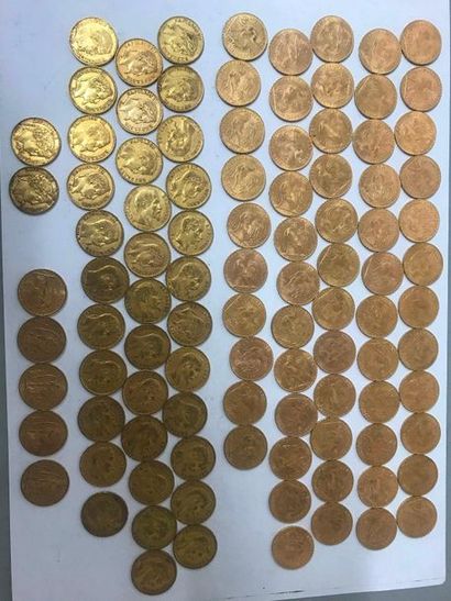 null Cent pièces en or de 20 Francs comprenant:
- Cinquante-huit "Coq Marianne",...