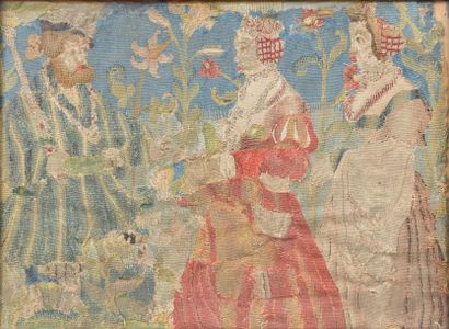 null Fragment de tapisserie en laine figurant un gentilhomme et deux dames (restaurations,...