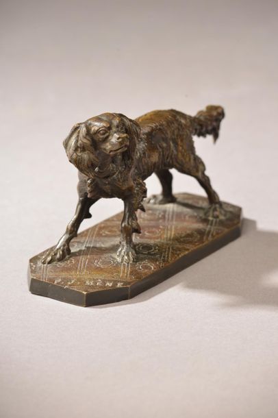 null Pierre-Jules MÈNE (1810-1919).
Chienne épagneul "Frisette" sur un tapis.
Bronze...