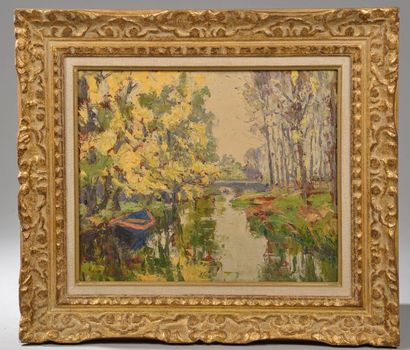 null René HANIN (1871-1943).
"Moret petit canal".
Huile sur panneau signée en bas...