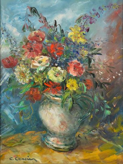 null C. CENSIER (1920-1987).
"Fleurs rouges et jaunes".
Huile sur toile signée en...