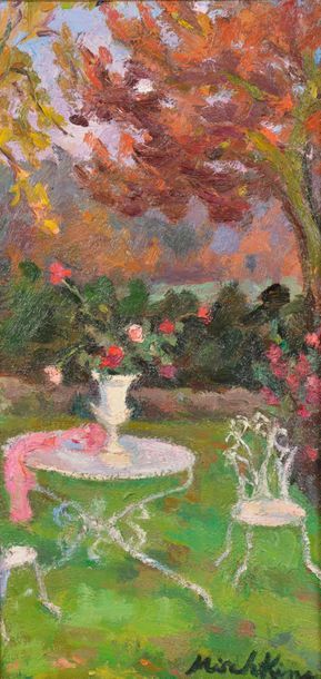 null Olga MISCHKINE (1910-1985).
Salon de jardin au chapeau.
Acrylique sur papier...