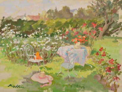 null Olga MISCHKINE (1910-1985).
Salon de jardin au chapeau.
Acrylique sur papier...