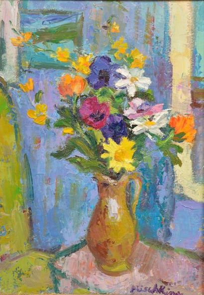 null Olga MISCHKINE (1910-1985).
Bouquet de fleurs dans un broc.
Huile sur toile...