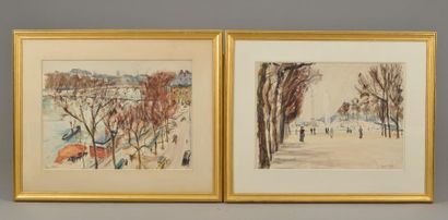null Paul MAZE (1887-1979).
Jardin des Tuileries ; Vue des quais.
Deux aquarelles,...