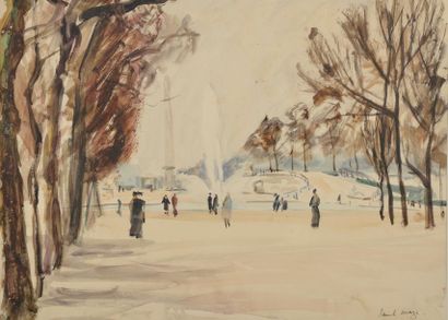 null Paul MAZE (1887-1979).
Jardin des Tuileries ; Vue des quais.
Deux aquarelles,...
