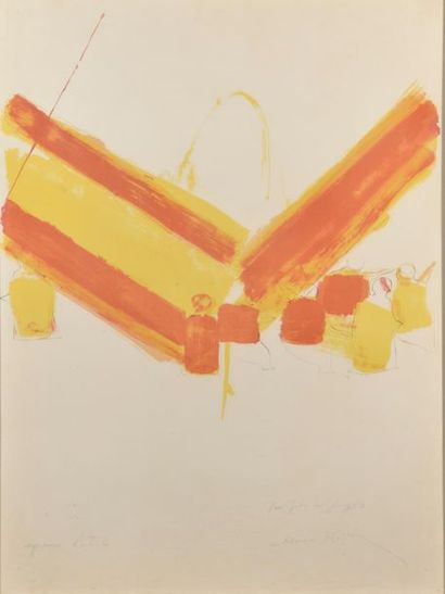 null Marek HALTER (né en 1936).
Composition en jaune, orange et personnages.
Lithographie...
