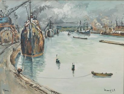 null Robert L.P. LAVOINE (1916-1999).

Vue du port de Rouen.

Huile sur papier signée...