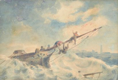 null Ecole française du XIXe siècle.
Naufrage dans la tempête.
Aquarelle (rousseurs),...