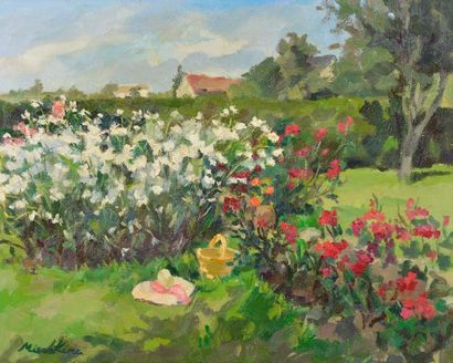 null Olga MISCHKINE (1910 - 1985).

Jardin fleuri au panier et au chapeau.

Huile...