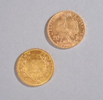 null Two coins of 20 Francs gold Coq de Chaplain 1902 and Napoleon III bare head...