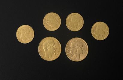null Set of six gold coins comprising:

- a 20 Francs coin, "Napoleon III", signed...