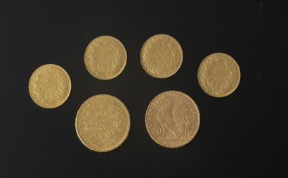 null Set of six gold coins comprising:

- a 20 Francs coin, "Napoleon III", signed...