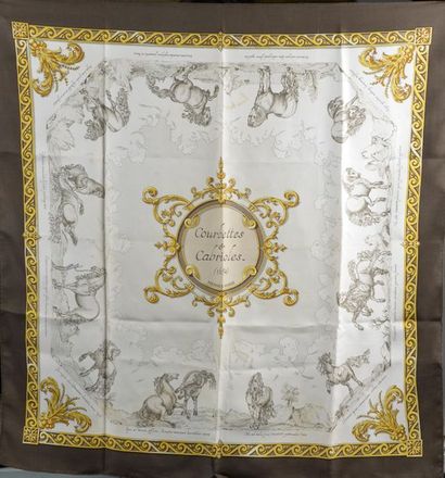 null HERMÈS.

Silk square, model "Courbettes Cabrioles 1654", in gold and khaki tones...
