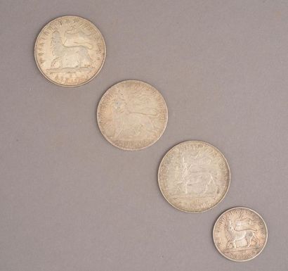null Four silver coins of Menelik II king of Ethiopia (1903) of 1 birr and silver...