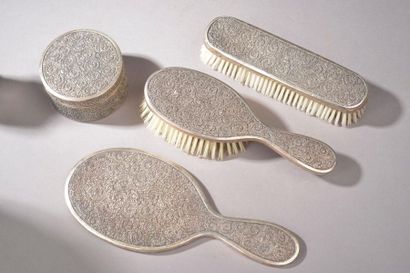null Chiseled silver toiletry set including: hair brush, hand face, powder box (small...