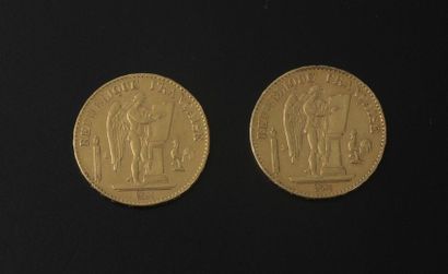 null Deux pièces de 20 Francs or Génie, datées 1876 et 1895.
IIIe République.

Ce...