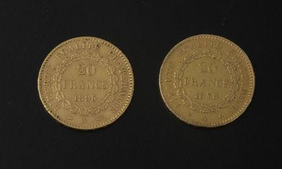 null Two 20 Francs Genie gold coins, dated 1876 and 1895.
IIIrd Republic.

This lot...