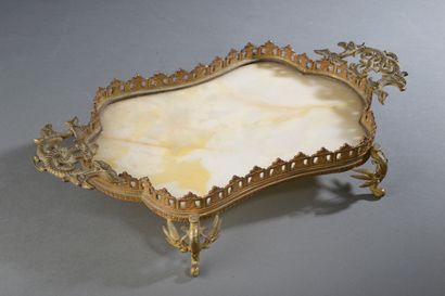 null Openwork bronze centerpiece with alabaster plate bottom, the grips decorated...