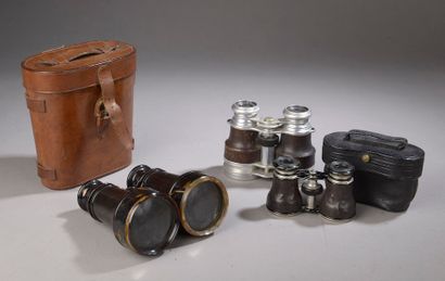 null Set of pairs of theatre binoculars, one with mother-of-pearl veneer in its case...