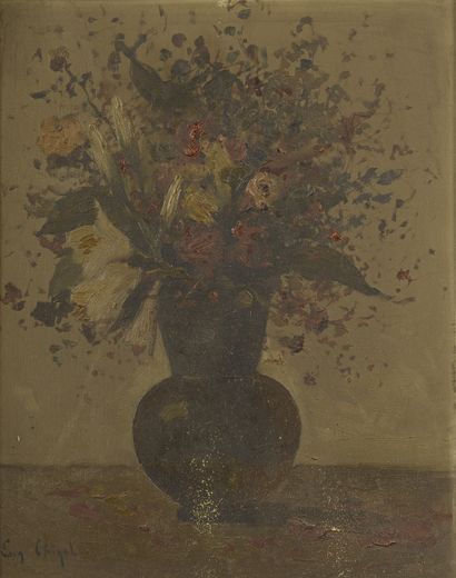 null Eugène CHIGOT (1860-1923).

Bouquet of flowers on an entablature.

Oil on mahogany...