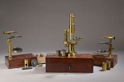 null Monocular microscope with niche mounted on a brass column signed BRUNNER in...