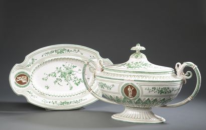 null Large covered soup tureen and its earthenware display with green and brown decoration...