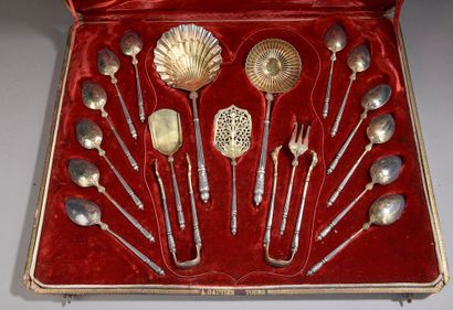 null Partially gilded silver candy set, including two sugar tongs, a shovel, an openwork...