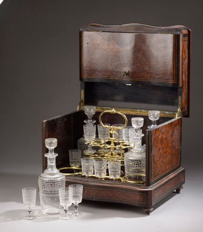 null Liqueur cellar made of burr thuja veneer in net frames, the lid decorated with...