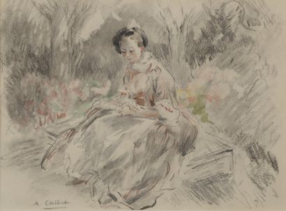 null Antoine CALBET (1860-1944).

Jeune femme assise à l'éventail.

Fusain aquarellé...