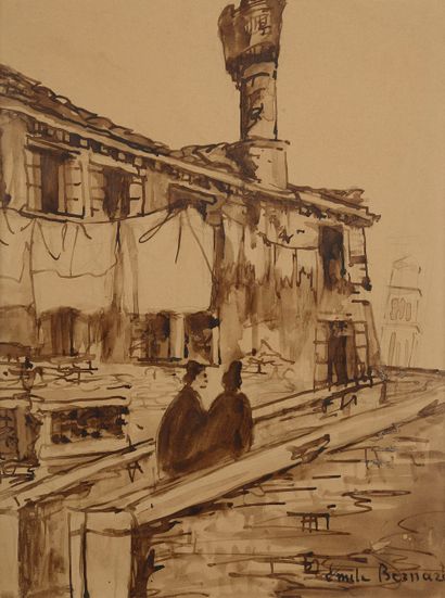 null 
Émile BERNARD (1868-1941). 

Pont à Venise. 

Encre et lavis sur papier signée...