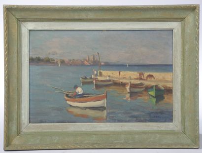 null 
French school of the 20th century. 

View of a Mediterranean port. 

Oil on...