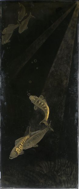 null 
Jean DUNAND (1877-1942). 

Carps" screen with two black lacquer leaves. Decorated...