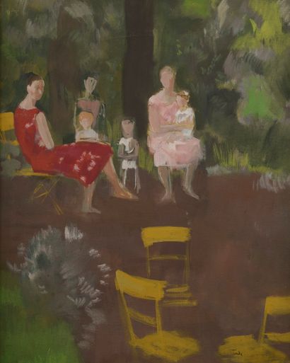 null André-Albert TONDU (1903-1980). 
Famille dans un jardin. 
Huile sur toile signée...
