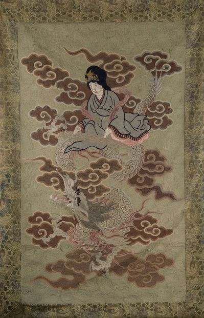 null 
CHINA - 19th century. 





Silk and cotton embroidery panel showing a koto...