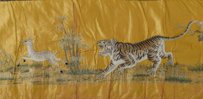 null VIETNAM - Around 1900.

Set of eight rectangular silk panels embroidered with...