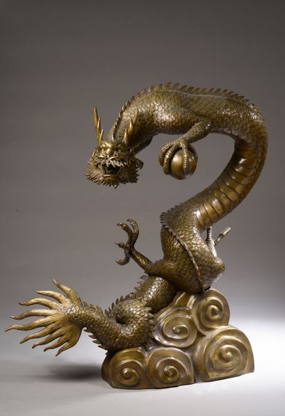 null Important dragon en bronze à patine médaille pouvant former fontaine, la gueule...