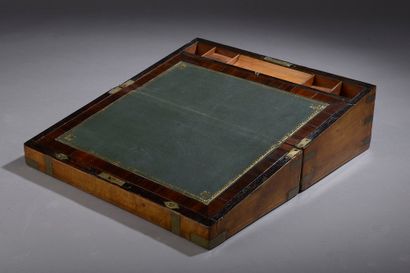 null Wood and veneer travel writing case with brass hinges and reinforcements. The...