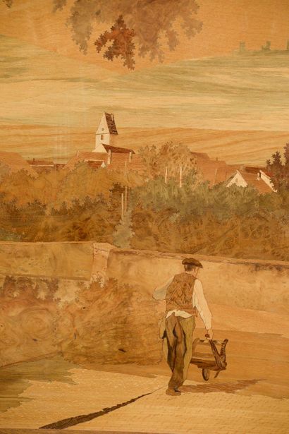 null Charles SPINDLER (1865-1938).

Landscape in a rural village.

Large inlaid wood...