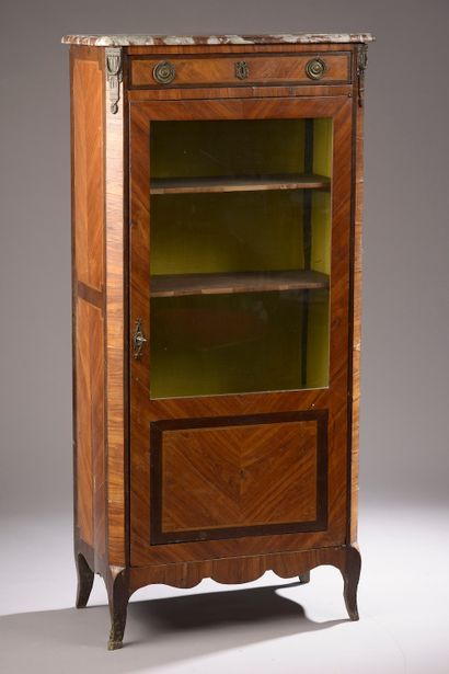 null Small exotic wood veneer display cabinet, the uprights with cut sides, the front...