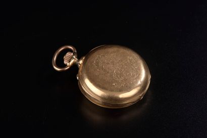 null 18k yellow gold pocket watch, the back engraved with numbers, the white enamelled...
