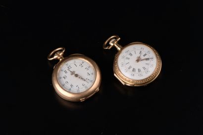 null Set of two 18k yellow gold collar watches. One with a plain back monogrammed...