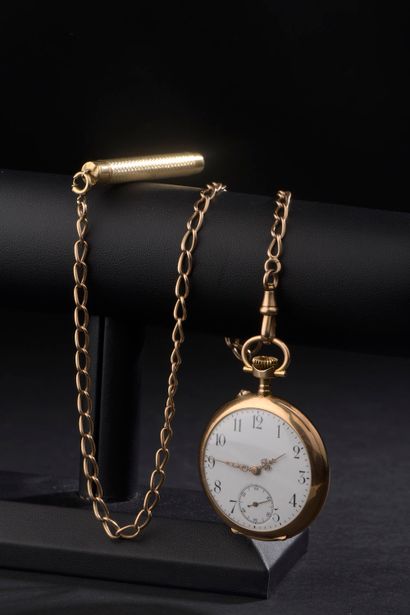 null 18k yellow gold pocket watch, the white enamelled dial with Arabic numerals,...