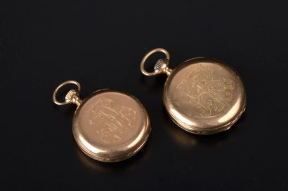 null Set of two 18k yellow gold pocket watches with figured backs, white enamelled...