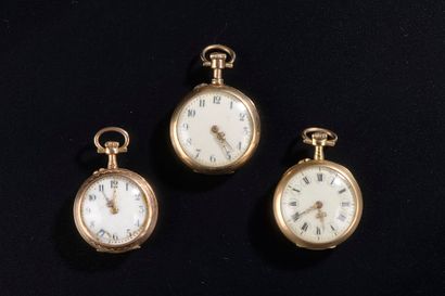 null Set of three 18k yellow gold collar watches, the dials enamelled white, one...