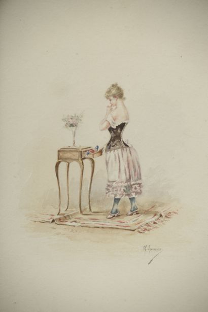 null Madelaine LEMAIRE (1845-1928).

Jeune femme ouvrant une petite table de milieu....